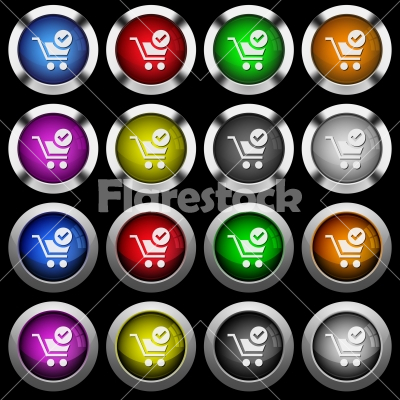 Checkout white icons in round glossy buttons on black background - Checkout white icons in round glossy buttons with steel frames on black background. The buttons are in two different styles and eight colors.