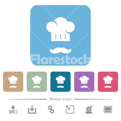 Chef hat and mustache flat icons on color rounded square backgrounds - Chef hat and mustache white flat icons on color rounded square backgrounds. 6 bonus icons included