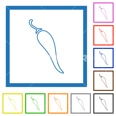Chili pepper outline flat framed icons - Chili pepper outline flat color icons in square frames on white background