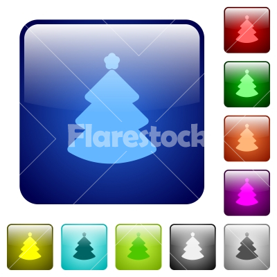 Christmas tree color square buttons - Christmas tree icons in rounded square color glossy button set