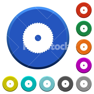 Circular saw beveled buttons - Circular saw round color beveled buttons with smooth surfaces and flat white icons