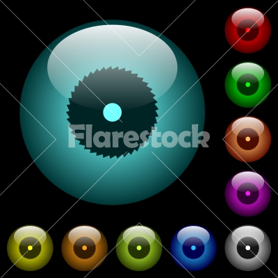 Circular saw icons in color illuminated glass buttons - Circular saw icons in color illuminated spherical glass buttons on black background. Can be used to black or dark templates