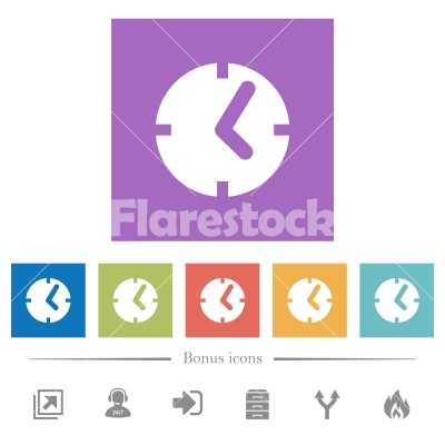 Clock flat white icons in square backgrounds - Clock flat white icons in square backgrounds. 6 bonus icons included.