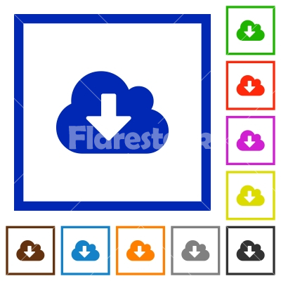 Cloud download framed flat icons - Set of color square framed Cloud download flat icons on white background