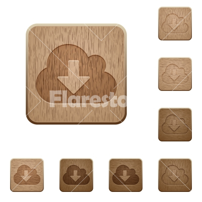 Cloud download wooden buttons - Set of carved wooden cloud download buttons. 8 variations included. Arranged layer structure.