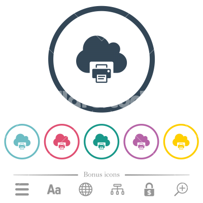 Cloud printing flat color icons in round outlines - Cloud printing flat color icons in round outlines. 6 bonus icons included.