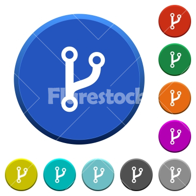 Code fork beveled buttons - Code fork round color beveled buttons with smooth surfaces and flat white icons