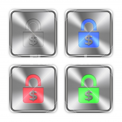 Color locked money steel buttons - Color locked money icons engraved in glossy steel push buttons. Well organized layer structure, color swatches and graphic styles.
