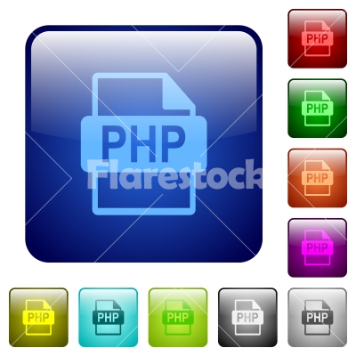 Color PHP file format square buttons - Set of PHP file format color glass rounded square buttons - Free stock vector
