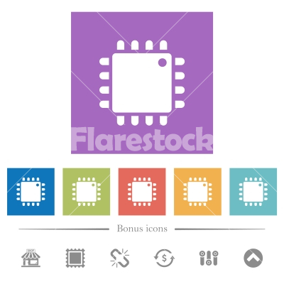 Computer processor flat white icons in square backgrounds - Computer processor flat white icons in square backgrounds. 6 bonus icons included.