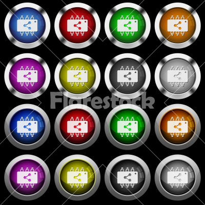 Connect hardware white icons in round glossy buttons on black background - Connect hardware white icons in round glossy buttons with steel frames on black background.