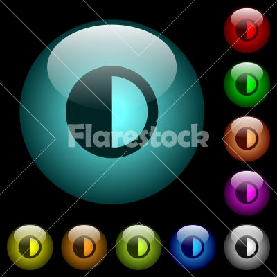 Contrast control icons in color illuminated glass buttons - Contrast control icons in color illuminated spherical glass buttons on black background. Can be used to black or dark templates
