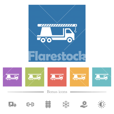 Crane truck flat white icons in square backgrounds - Crane truck flat white icons in square backgrounds. 6 bonus icons included.