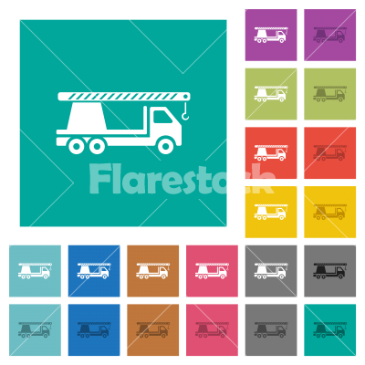 Crane truck square flat multi colored icons - Crane truck multi colored flat icons on plain square backgrounds. Included white and darker icon variations for hover or active effects.