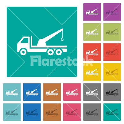 Crane truck square flat multi colored icons - Crane truck multi colored flat icons on plain square backgrounds. Included white and darker icon variations for hover or active effects.