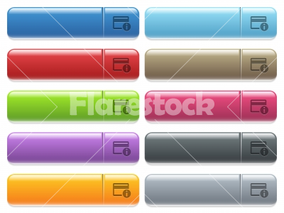 Credit card info icons on color glossy, rectangular menu button - Credit card info engraved style icons on long, rectangular, glossy color menu buttons. Available copyspaces for menu captions.