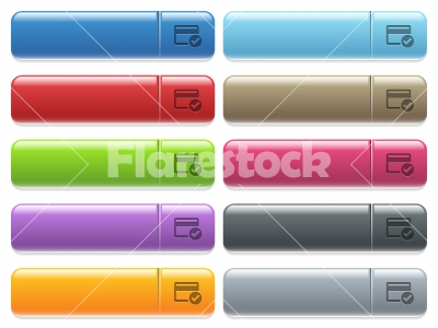 Credit card verified icons on color glossy, rectangular menu button - Credit card verified engraved style icons on long, rectangular, glossy color menu buttons. Available copyspaces for menu captions.