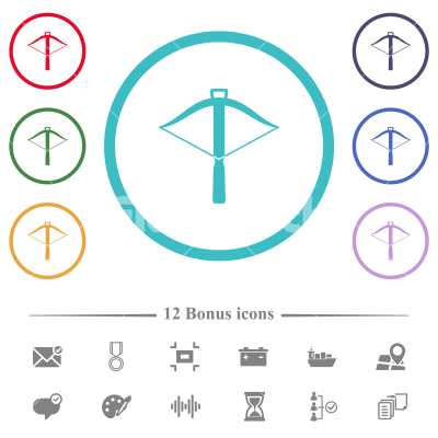 Crossbow flat color icons in circle shape outlines - Crossbow flat color icons in circle shape outlines. 12 bonus icons included.