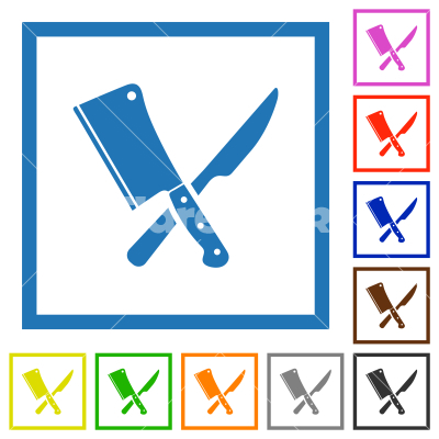 Crossed meat cleaver and knife flat framed icons - Crossed meat cleaver and knife flat color icons in square frames on white background
