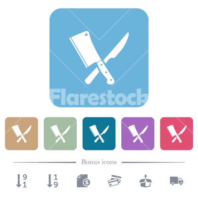Crossed meat cleaver and knife flat icons on color rounded square backgrounds - Crossed meat cleaver and knife white flat icons on color rounded square backgrounds. 6 bonus icons included