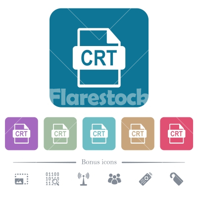CRT file format flat icons on color rounded square backgrounds - CRT file format white flat icons on color rounded square backgrounds. 6 bonus icons included - Free stock vector