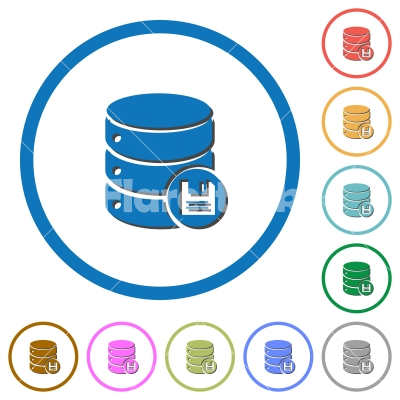 Database save icons with shadows and outlines - Database save flat color vector icons with shadows in round outlines on white background