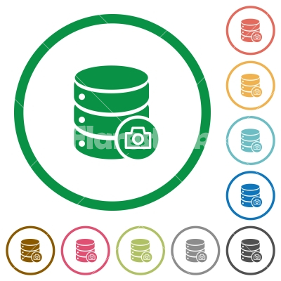 Database snapshot flat icons with outlines - Database snapshot flat color icons in round outlines on white background