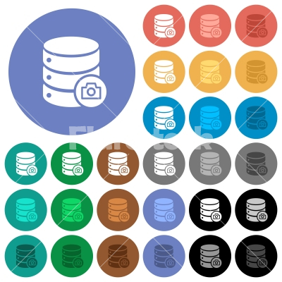 Database snapshot round flat multi colored icons - Database snapshot multi colored flat icons on round backgrounds. Included white, light and dark icon variations for hover and active status effects, and bonus shades on black backgounds.