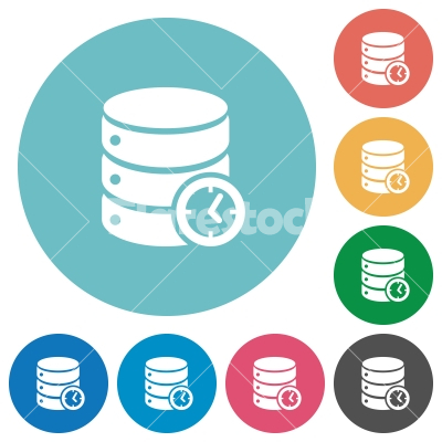 Database timed events flat round icons - Database timed events flat white icons on round color backgrounds