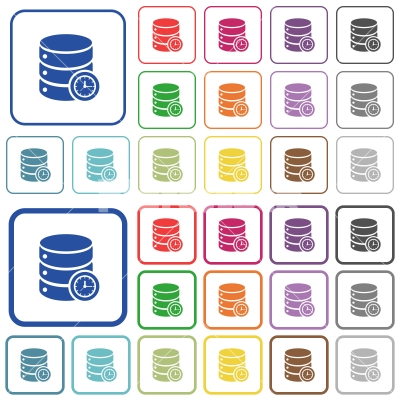 Database timed events outlined flat color icons - Database timed events color flat icons in rounded square frames. Thin and thick versions included.