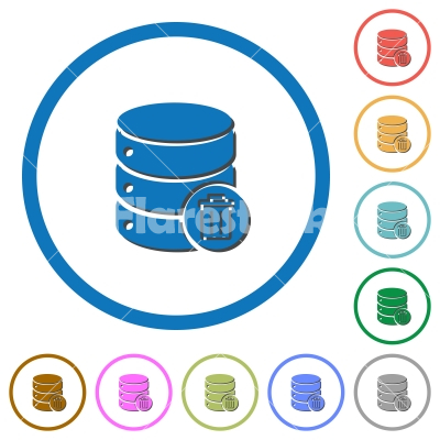 Delete from database icons with shadows and outlines - Delete from database flat color vector icons with shadows in round outlines on white background