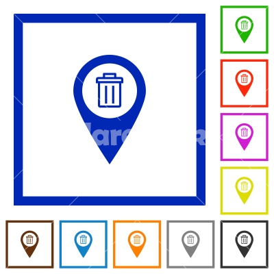 Delete GPS map location flat framed icons - Delete GPS map location flat color icons in square frames on white background