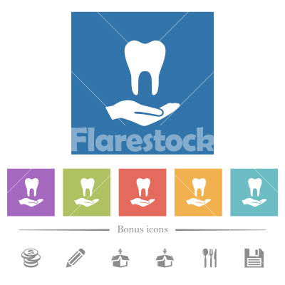 Dental provision flat white icons in square backgrounds - Dental provision flat white icons in square backgrounds. 6 bonus icons included.