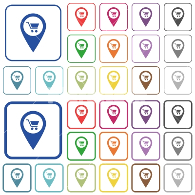 Department store GPS map location outlined flat color icons - Department store GPS map location color flat icons in rounded square frames. Thin and thick versions included.