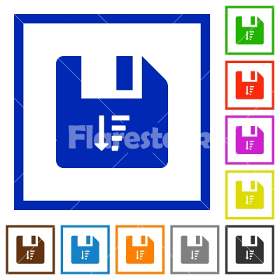 Descending file sort flat framed icons - Descending file sort flat color icons in square frames on white background