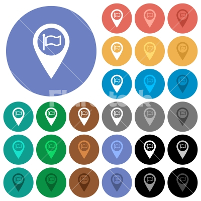 Destination GPS map location round flat multi colored icons - Destination GPS map location multi colored flat icons on round backgrounds. Included white, light and dark icon variations for hover and active status effects, and bonus shades on black backgounds.
