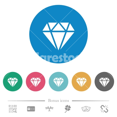Diamond flat round icons - Diamond flat white icons on round color backgrounds. 6 bonus icons included.