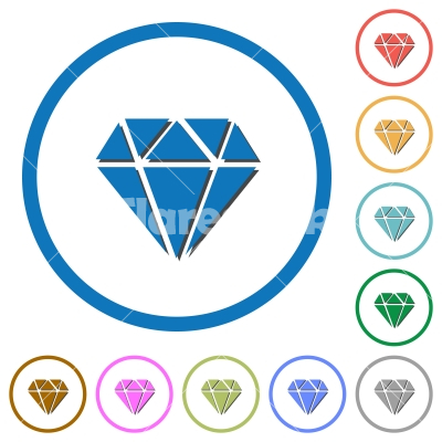 Diamond icons with shadows and outlines - Diamond flat color vector icons with shadows in round outlines on white background
