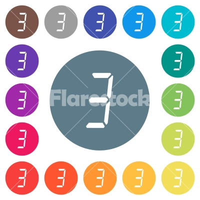 digital number three of seven segment type flat white icons on round color backgrounds - digital number three of seven segment type flat white icons on round color backgrounds. 17 background color variations are included.