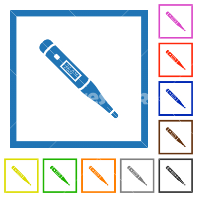 Digital thermometer flat framed icons - Digital thermometer flat color icons in square frames on white background