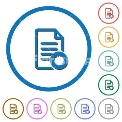 Document certificate icons with shadows and outlines - Document certificate flat color vector icons with shadows in round outlines on white background