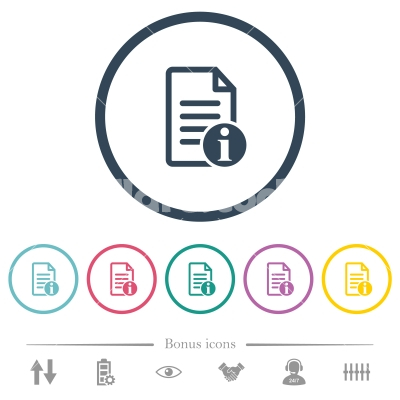 Document info flat color icons in round outlines - Document info flat color icons in round outlines. 6 bonus icons included.