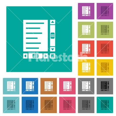 Document with content and scroll bars square flat multi colored icons - Document with content and scroll bars multi colored flat icons on plain square backgrounds. Included white and darker icon variations for hover or active effects.
