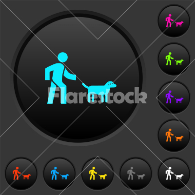 Dog walking dark push buttons with color icons - Dog walking dark push buttons with vivid color icons on dark grey background