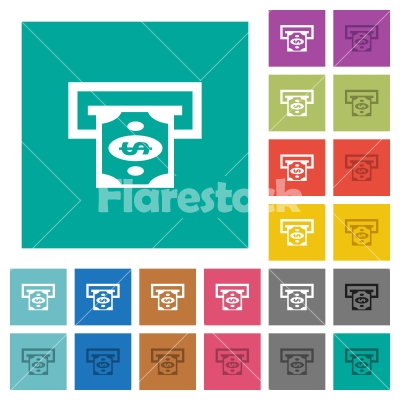 Dollar bank ATM square flat multi colored icons - Dollar bank ATM multi colored flat icons on plain square backgrounds. Included white and darker icon variations for hover or active effects.