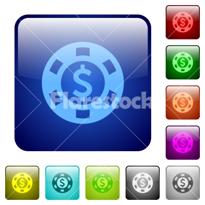 Dollar casino chip color square buttons - Dollar casino chip icons in rounded square color glossy button set