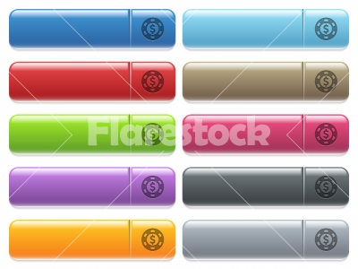 Dollar casino chip icons on color glossy, rectangular menu b - Dollar casino chip engraved style icons on long, rectangular, glossy color menu buttons. Available copyspaces for menu captions.