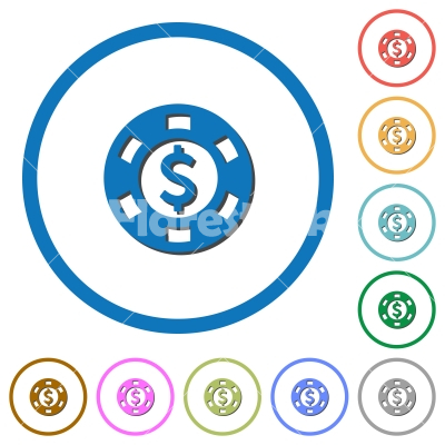 Dollar casino chip icons with shadows and outlines - Dollar casino chip flat color vector icons with shadows in round outlines on white background