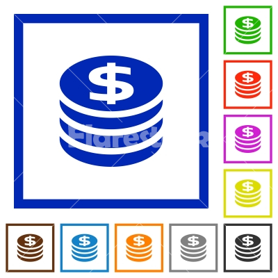 Dollar coins framed flat icons - Set of color square framed dollar coins flat icons