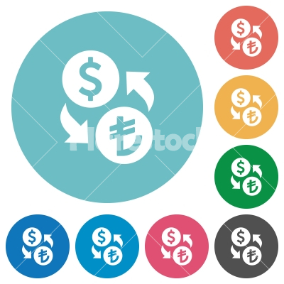 Dollar Lira money exchange flat round icons - Dollar Lira money exchange flat white icons on round color backgrounds - Free stock vector